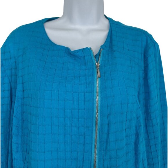 Chico’s Blue Squared Textured Moto Lightweight Zip Up Blouse Women's Size 2 US L - Picture 3 of 10